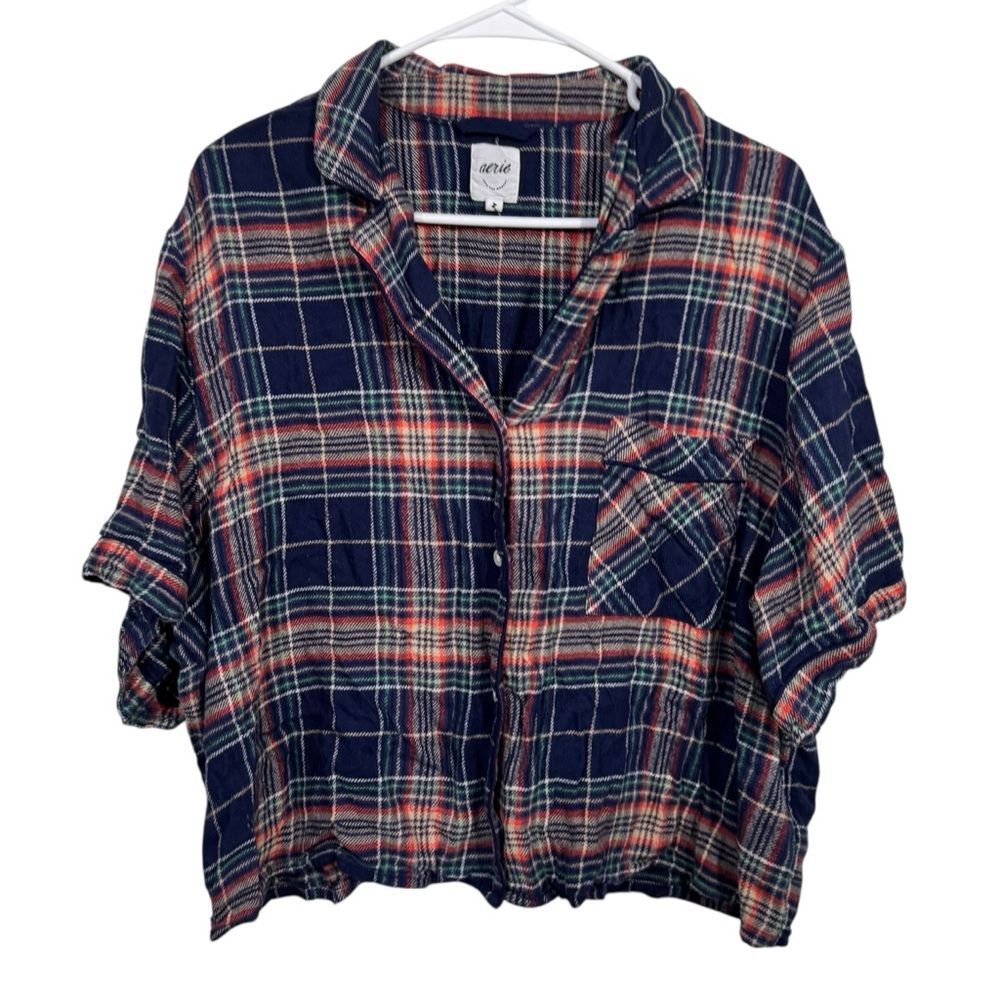 Aerie Blue Plaid Button Down Collared Cropped Shirt